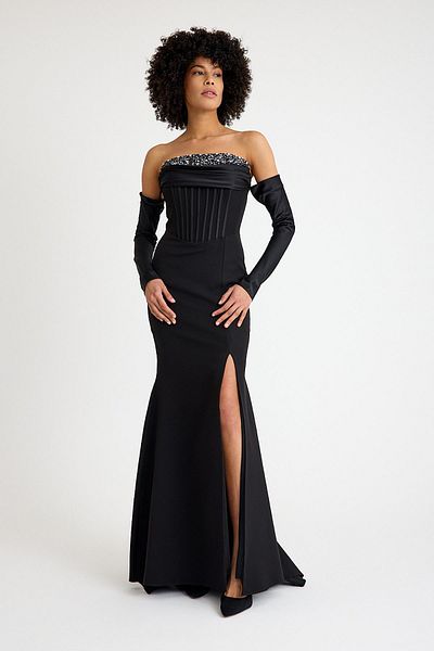 SpringStore Rochie de seară neagră fără bretele cu pietre în față