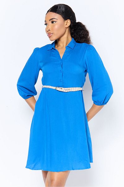 DeFacto Women Solid Belted Casual Mini Dress, Blue