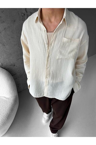 ablukaonline Ανδρικό λινό πουκάμισο Oversize Μπεζ - 100% Βαμβάκι