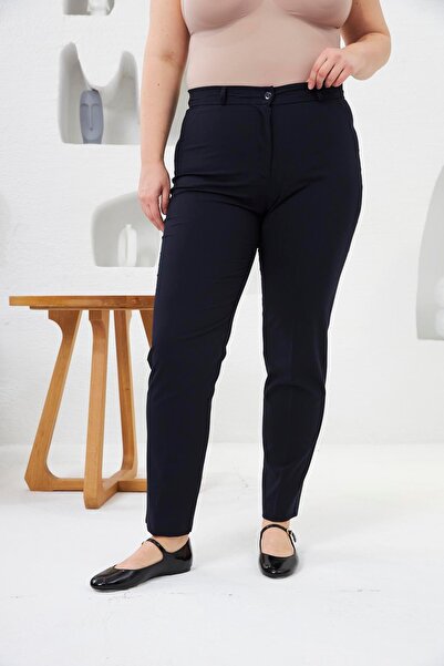 RMG Pocket Detailed Large Size Fabric Trousers Navy Blue