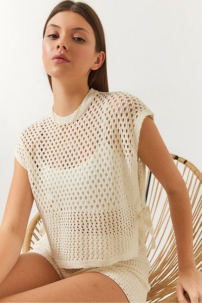 Bianco Lucci Women's Side Tie Detailed Openwork Crew Neck Sweater 60261568