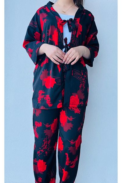 LAVİN GİYİM Women's Half Sleeve Black-Red Rose Patterned Colorful Kimono Suit