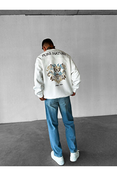 ablukaonline Λευκό Κεντημένο Oversize Φούτερ - Ανδρικό, Στρογγυλή λαιμόκοψη