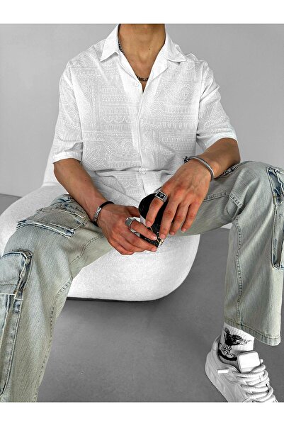 ablukaonline Men's Oversize Cuban Collar Geometric Patterned Summer Shirt Ecru