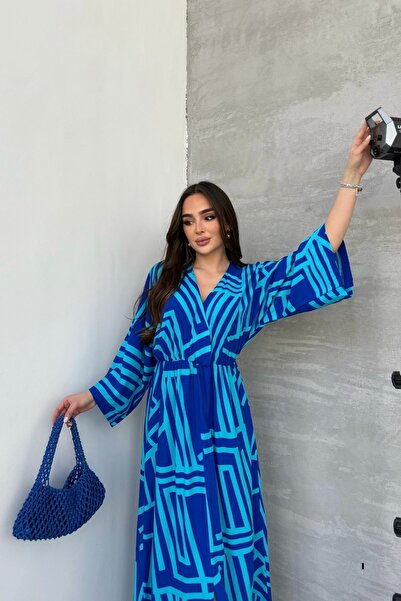 Mezka Rochie de damă turcoaz cu model geometric, talie elastică, cu fantă lungă, la două piept