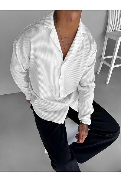 ablukaonline Ανδρικό πουκάμισο Oversize με ριμπ γιακά Λευκό