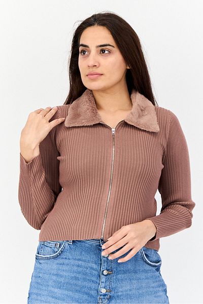No Comment Women Spread Collar Ribbed Zipper Cardigan, Brown