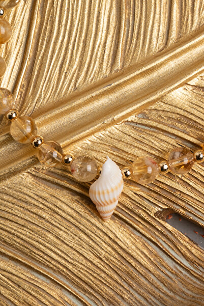 ÇAKRA DOĞAL TAŞ Sertifikalı Sitrin Doğal Taş ve Deniz Kabuğu Detaylı Bileklik