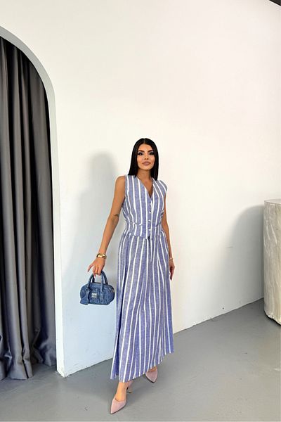 modaserdem Blue Linen Striped Vest and Long Ethic Suit