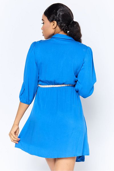 DeFacto Women Solid Belted Casual Mini Dress, Blue