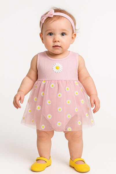 Trend Bebe Butik Bebek Tüllü Body Elbise Papatya Desenli | Kolsuz Yazlık Kız Bebek Tulum 0-18 Ay
