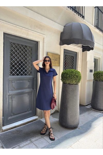 Aymood Rochie cu mânecă scurtă cu guler din țesătură cu textura moale Osy Modal - Albastru