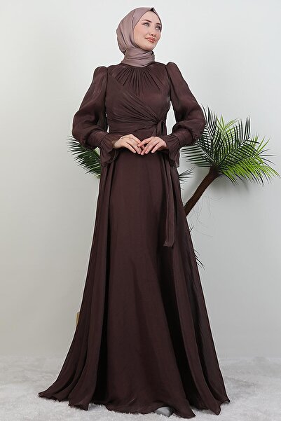 GİYZAMİLA Bow Detail Silk Evening Dress Bitter Brown