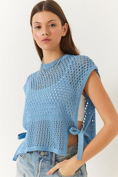 Bianco Lucci Women's Side Tie Detailed Openwork Crew Neck Sweater 60261568