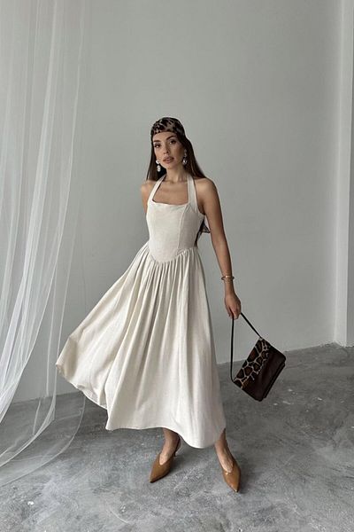 modaserdem Μπεζ λινό φόρεμα Halter
