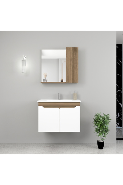 ARNETTİ Leny 80cm Lavabolu Banyo Dolabı Takımı Ceviz Gövde Beyaz Kapak - Leny80