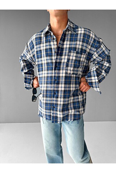 ablukaonline Erkek Oversize Ekose Çizgili Kareli Cepli Uzun Kollu Gömlek Mavi