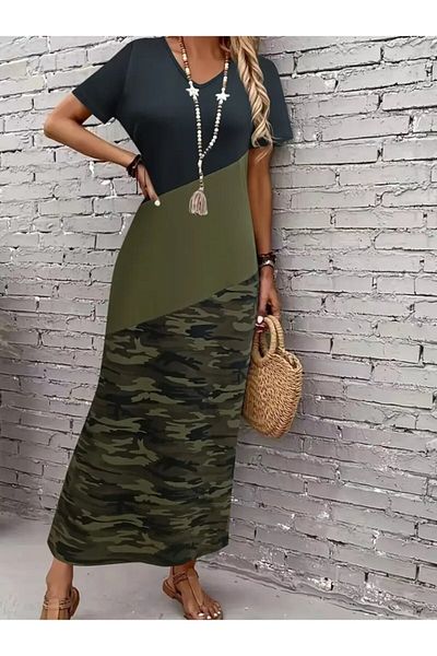 modaserdem Rochie de damă cu mânecă scurtă, cu decolteu, multicolor, maxi viscoză