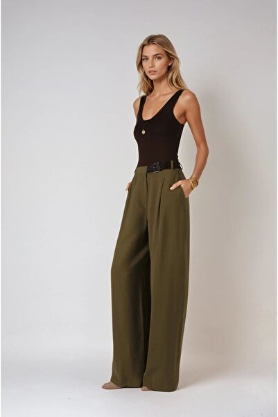 FABB Light Khaki Belt Detailed Palazzo Trousers