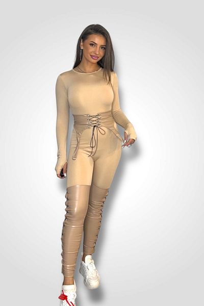 BOMBFIT Hardcore Cream jumpsuit, matte texture with eco-leather, with removable belt, Shapewear