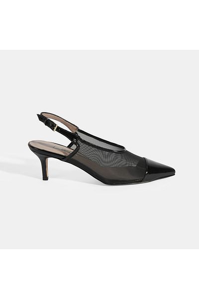 Desa Women's Black Mesh Adjustable Buckle Patent Leather Heeled Classic Shoes