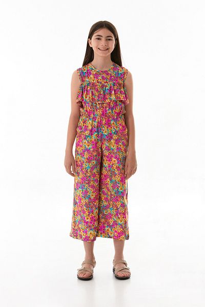 Fulla Moda Floral Elastic Waist Pocket Girls Jumpsuit