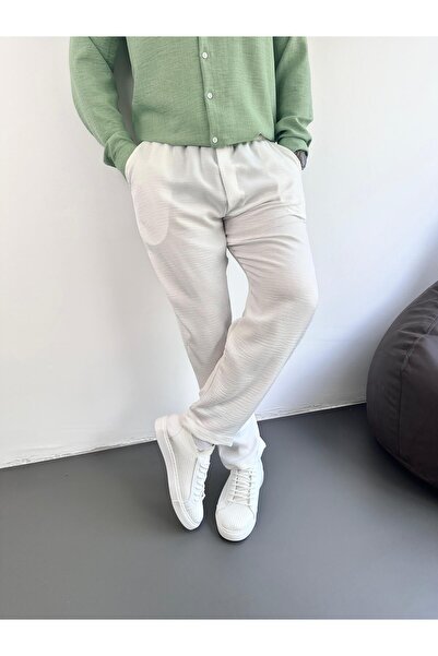 tiggir moda Λευκό άνετο λινό παντελόνι με εφέ λινό