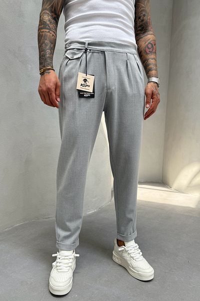 MADZEYMODA Ανδρικό παντελόνι Boyfriend Mold Πλισέ διπλό πόδι γκρι υφασμάτινο παντελόνι KE-1022