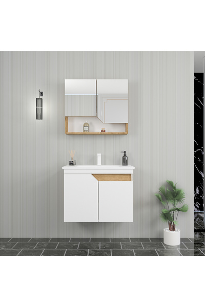 ARNETTİ Divino Alvis 80 Cm Lavabolu Banyo Dolabı – Beyaz Kapaklı, Safirmeşe Gövdeli Takım