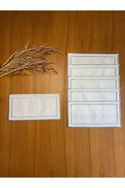 Smiling Home 6 Pieces Ecru Color Linen Double Row Silver Color Embroidered Rectangular Tray Cover