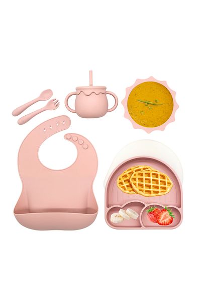 BLEKSY Set de hrănire pentru bebeluși din silicon BLEKSY®, bavetă cu ventuză, bol, farfurie cu capac, cană, lingură, furculiță, fără alergeni