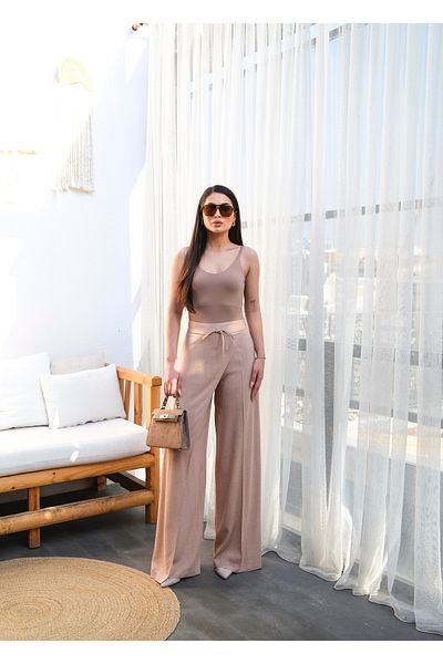 OUZ Fashion Women's Wide-Leg Linen Pants with Cross Front Elastic and Lace-Up