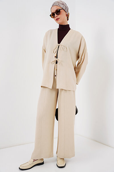 Bigdart Women's Linen Kimono Double Set 6727 - Cream