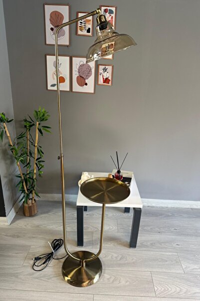 Bamyum Bal Rengi Cam Lambader Düz Gövde U Tepsi Hareketli Başlık Modern Dekoratif Metal Zemin Lambası