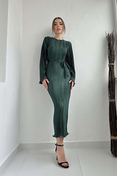 modaserdem Rochie midi pentru femei cu mâneci spaniole plisate, elegantă, pentru nuntă, seară, smarald