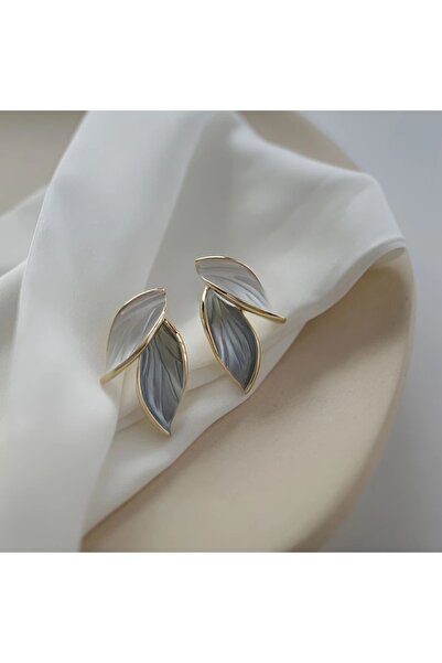 muheres Altın Kaplama Mavi Beyaz Yaprak Küpe