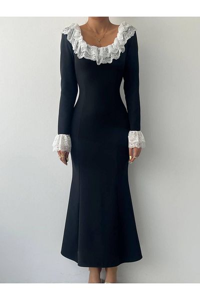modaserdem Rochie clasică de damă cu guler din dantelă
