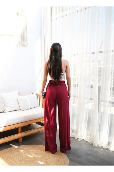 OUZ Fashion Women's Wide-Leg Linen Pants with Cross Front Elastic and Lace-Up