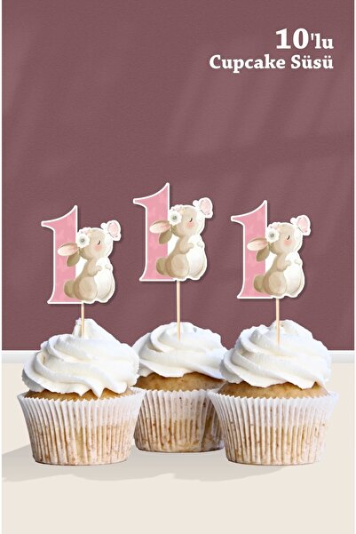neşeli günlerim Kelebekli Tavşan 1 Yaşında Cupcake Süsü '10lu