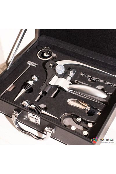 OEM Deluxe Suitcase Set with wine accessories, 9 pieces, Foil cutter, Cork and dropper, Black