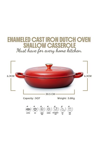 VAV GET Enameled Cast Iron Dutch Oven Shallow Casserole Braiser Pan, 30.5x6.3cm / 12x2.5inch