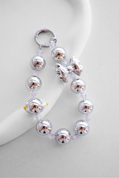 EFBUTİK Silver Beaded Bow Bag Charm Keychain