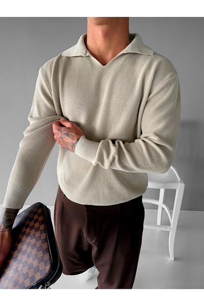ablukaonline Μπεζ Χρώμα Ανδρικό πουλόβερ Polo V-Neck Slim Fit Basic