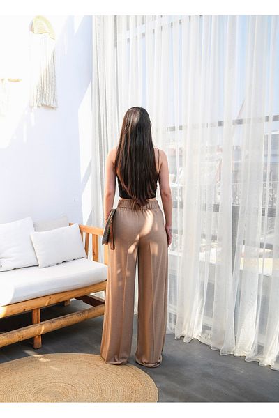 OUZ Fashion Women's Wide-Leg Linen Pants with Cross Front Elastic and Lace-Up