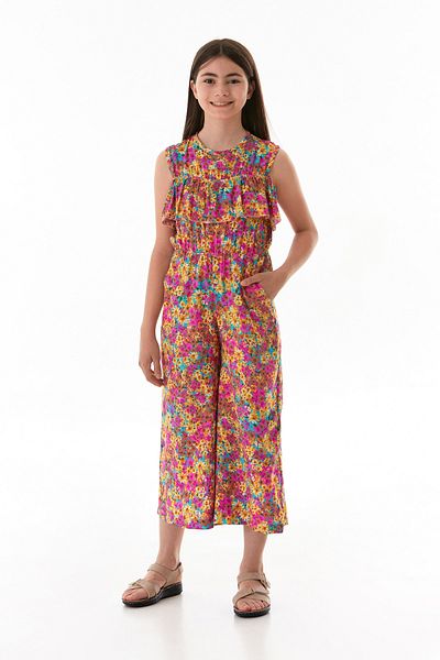 Fulla Moda Floral Elastic Waist Pocket Girls Jumpsuit