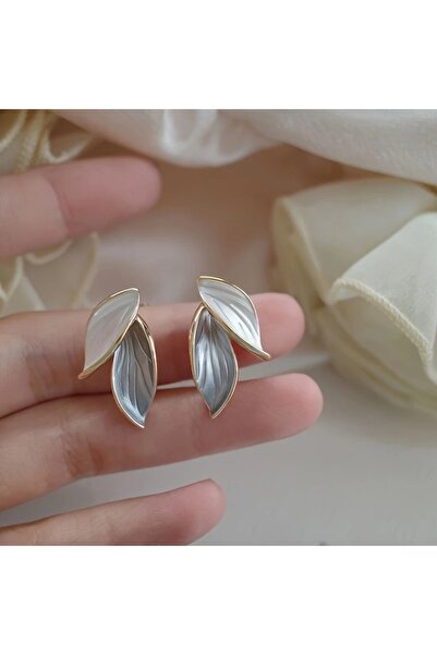 muheres Altın Kaplama Mavi Beyaz Yaprak Küpe