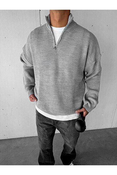 ablukaonline Gray Men's Oversize Half Zipper Sweater
