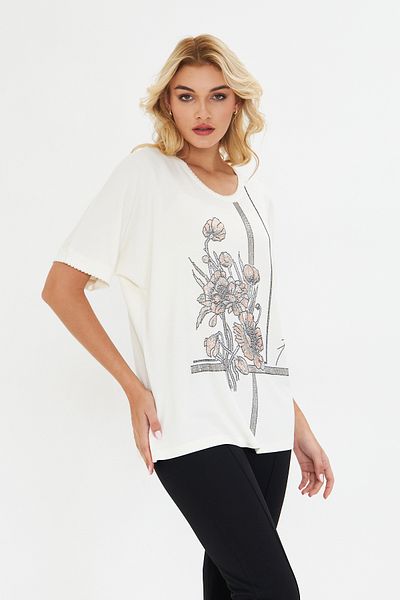 MODA White Floral Patterned Stone Embroidered Short Sleeve Lycra Women's Combed Cotton Blouse