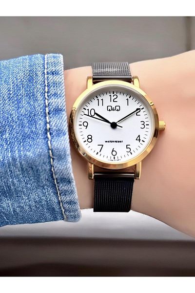 Q&Q Black Wicker Cord Numeral Gold Case Women's Wristwatch