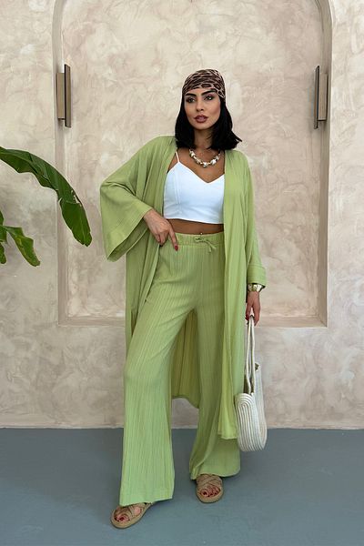 Ortaya Çık Green Long Bottom Top Kimono Set